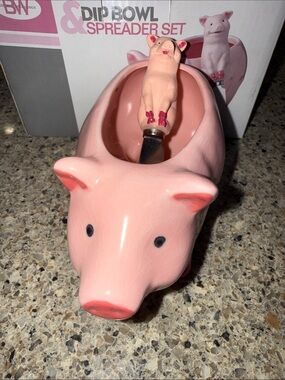 Pig Dip Bowl & Spreader Set - Pink Ceramic Pig 13 oz